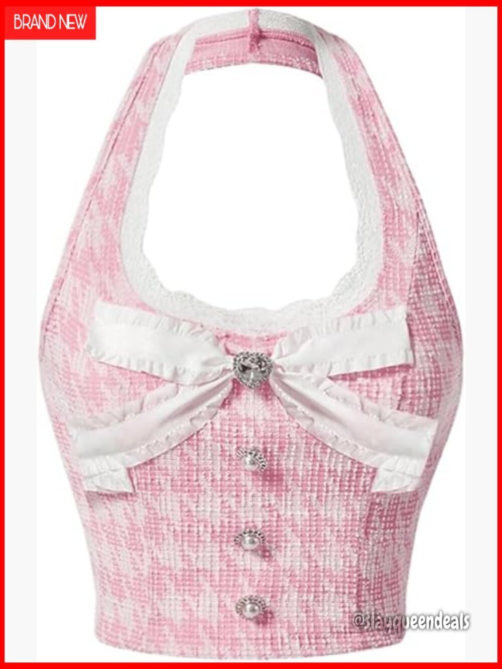 Slim Fit Halter Crop Top with Lace Trim and Bow Decor